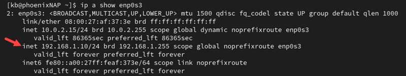 ip a show enp0s3 address terminal output