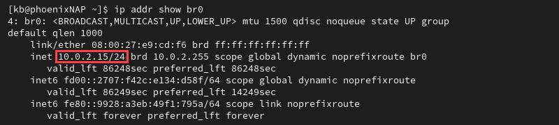 ip addr show br0 terminal output