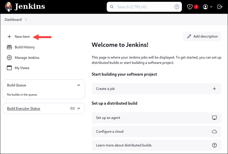 Jenkins dashboard homepage where you can start new jobs.