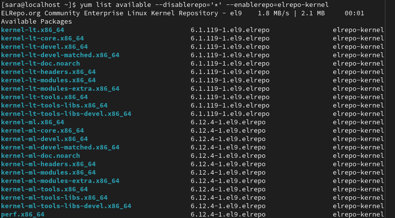 yum list available --disablerepo='*' --enablerepo=elrepo-kernel terminal output