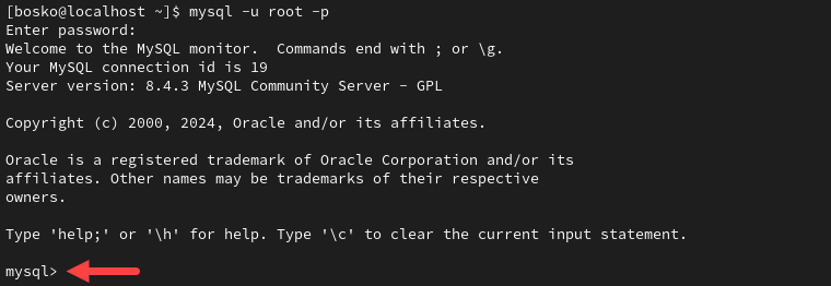 Logging in to the MySQL shell as the root user.