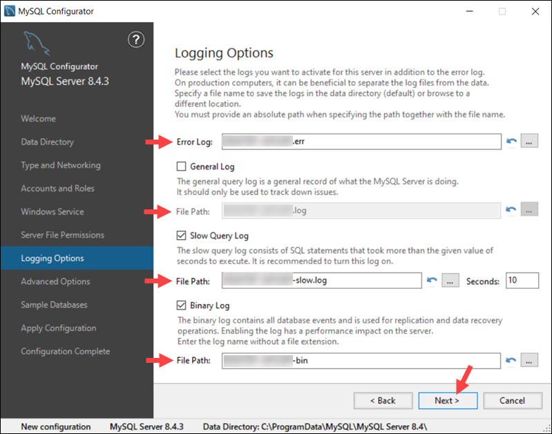 MySQL logging option during installation on Windows.