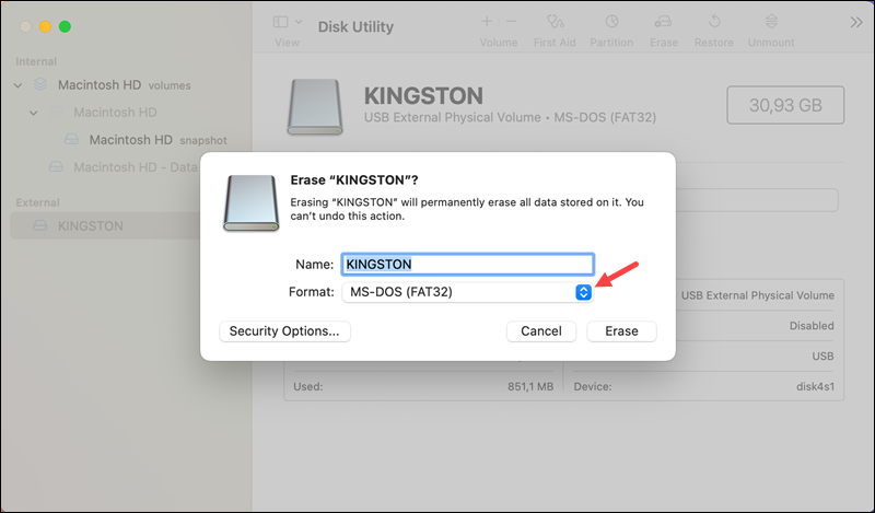 macOS USB drive FAT32 erase