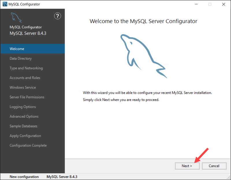 Start MySQL Server configuration on Windows.