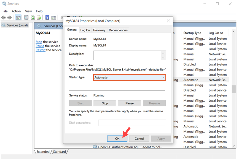 Set MySQL to boot automatically on Windows.