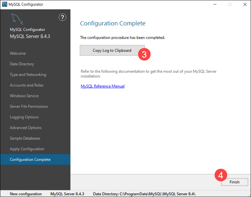 Finish MySQL setup on Windows server.