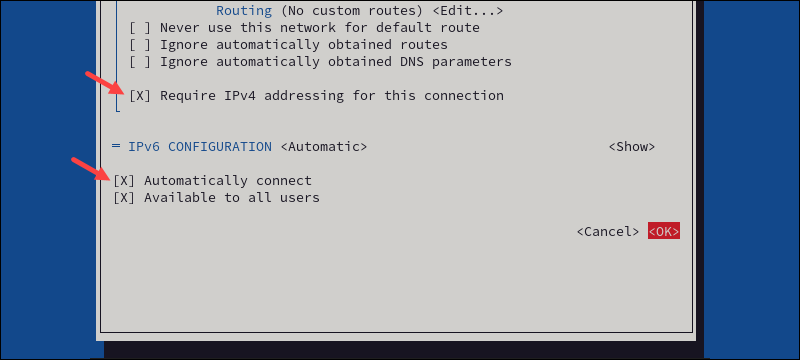 NetworkManager TUI require IPv4 and automatically connect