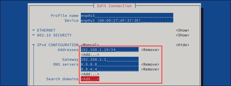 NetworkManager TUI Static IP configuration details