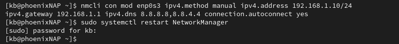 nmcli con mod and networkmanager restart terminal output