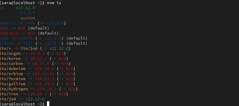 nvm ls terminal output