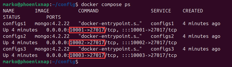 Checking running mongodb config server instances using docker compose.