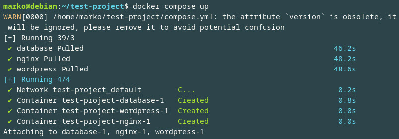 The output of the docker compose up command.