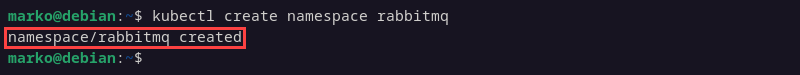 The system confirms that the namespace rabbitmq was successfully created.