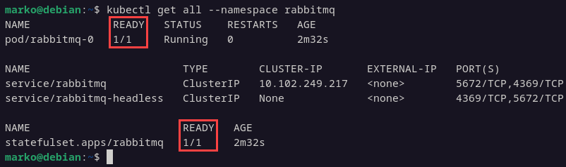 The command deiplays the details and status of the RabbitMQ deployment.