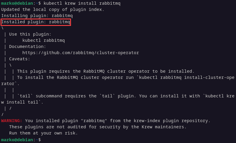 Installing the rabbitmq plugin via Krew.