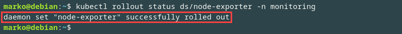 Output confirming that daemon set node-exporter is successfully rolled out.