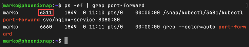 Finding the PID of the port-forwarding process.