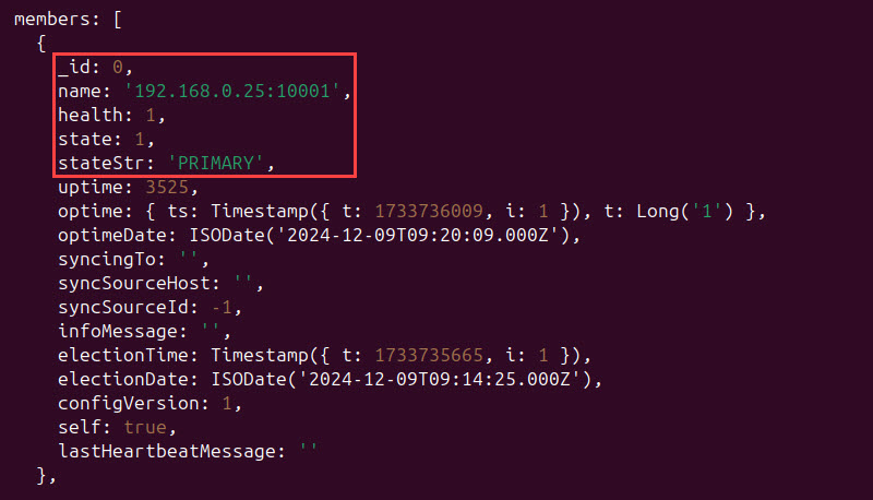 Checking the status of the primary config server replica in mongodb.