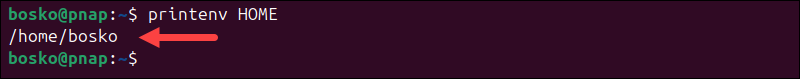 Using the printenv command to see the value of the HOME variable.