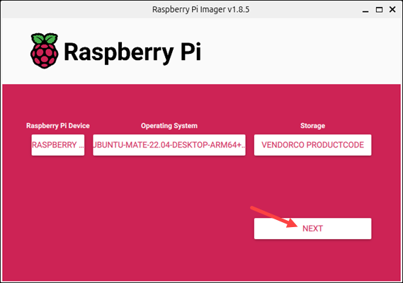 Raspberry Pi Imager selected options