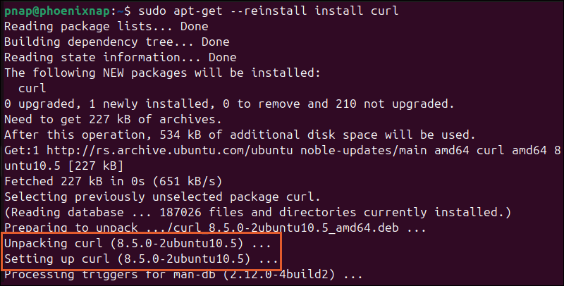 Reinstalling curl on Ubuntu using the apt-get command.