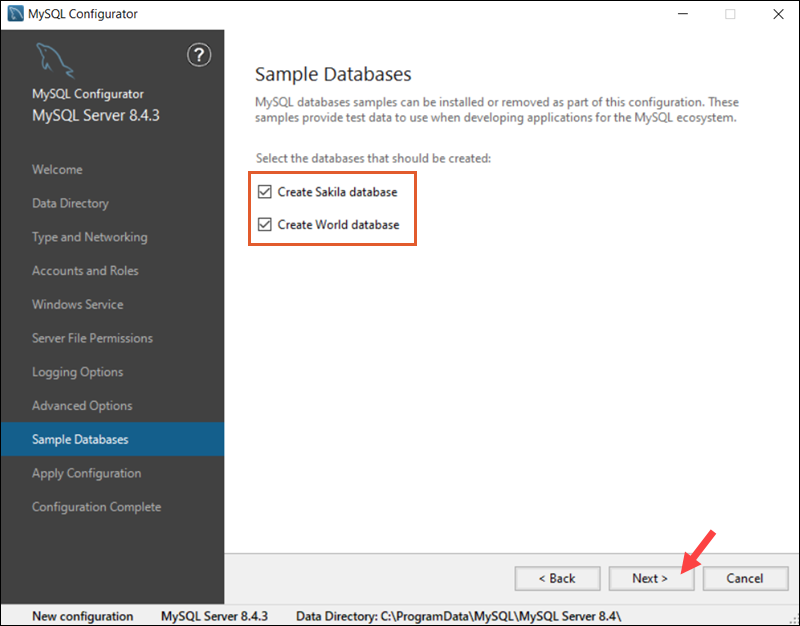 Add sample databases when installing MySQL on Windows.