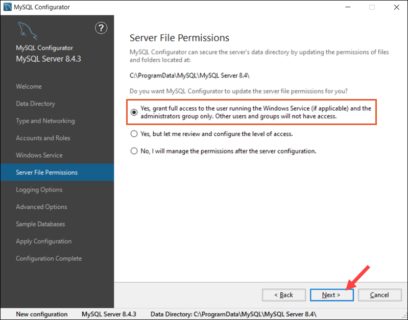 Set MySQL Server file permissions during Windows installation.