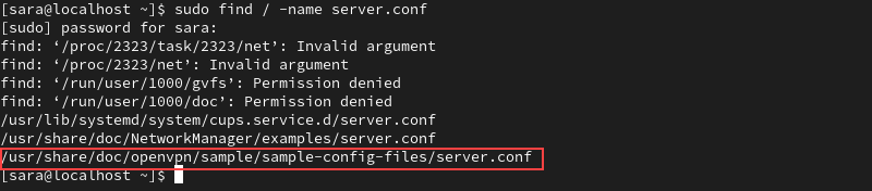 sudo find / -name server.conf terminal output
