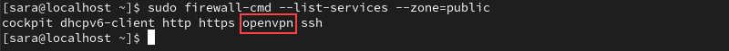 sudo firewall-cmd --list-services --zone=public terminal output