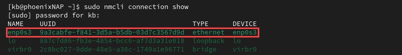 sudo nmcli connection show terminal output