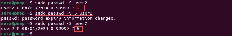 sudo passwd -i 5 user2 terminal output