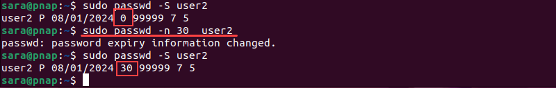 sudo passwd -n 30  user2 terminal output