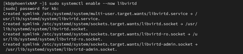 sudo systemctl enable --now libvirtd terminal output