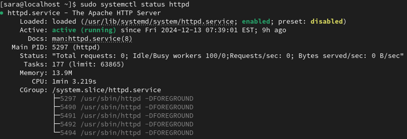 sudo systemctl status httpd terminal output