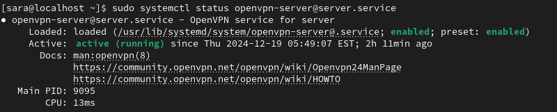 sudo systemctl status openvpn-server@server.service terminal output