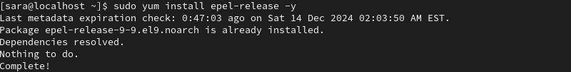 sudo yum install epel-release -y terminal output