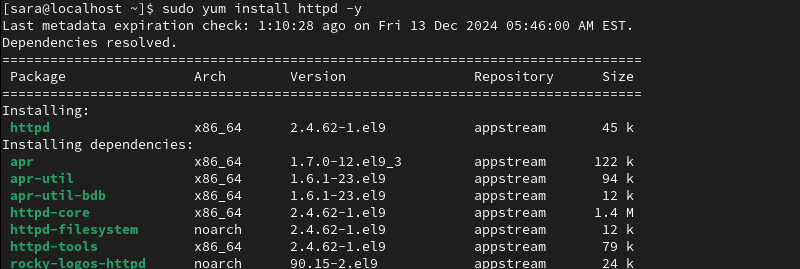sudo yum install httpd -y terminal output