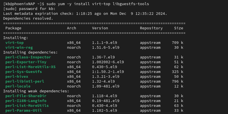 sudo yum install virt-top libguestfs-tools terminal output