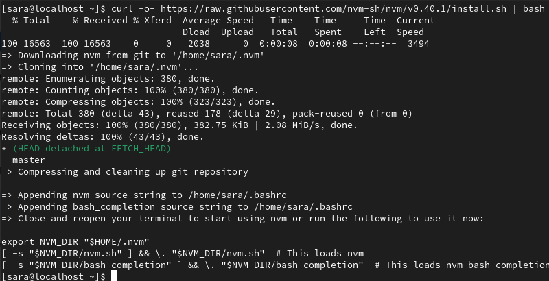 curl -o- https://raw.githubusercontent.com/nvm-sh/nvm/v0.40.1/install.sh | bash terminal output