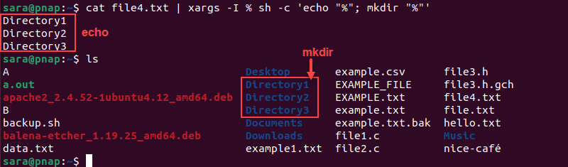 terminal output for cat file4.txt | xargs -I % sh -c 'echo "%"; mkdir "%"'