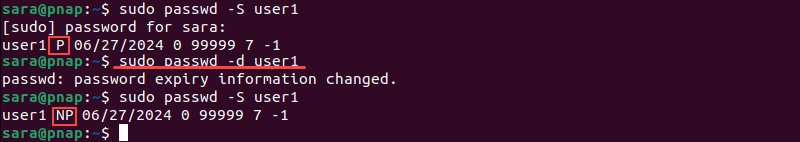 terminal output for sudo passwd -d user1