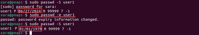 terminal output for sudo passwd -e user1