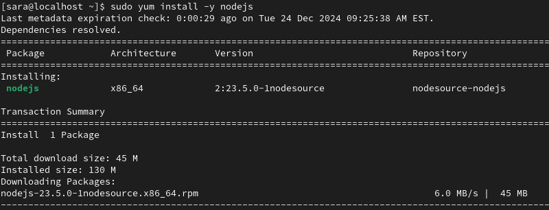 terminal output for sudo yum install -y nodejs