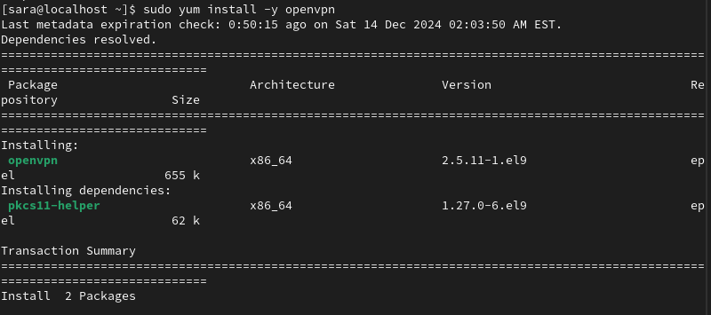 terminal output for sudo yum install -y openvpn