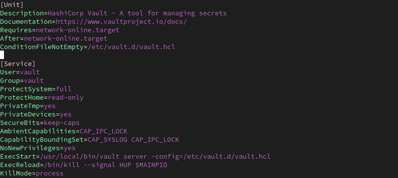 vault.service file in Vim terminal output