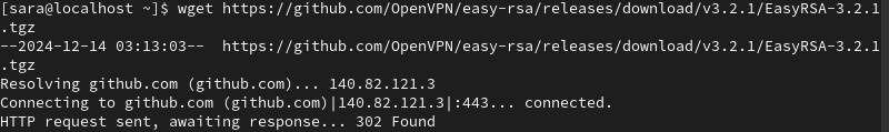 wget https://github.com/OpenVPN/easy-rsa/releases/download/v3.2.1/EasyRSA-3.2.1.tgz terminal output