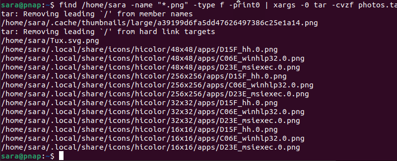 find /home/sara -name "*.png" -type f -print0 | xargs -0 tar -cvzf photos.tar.gz terminal output