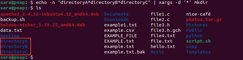 echo -n "directoryAdirectoryBdirectoryC" | xargs -d '*' mkdir terminal output