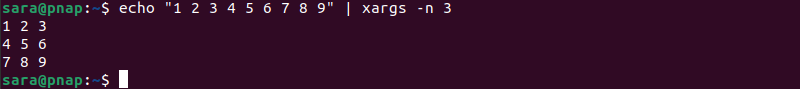 echo "1 2 3 4 5 6 7 8 9" | xargs -n 3 terminal output