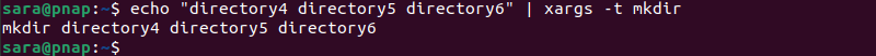 echo "directory4 directory5 directory6" | xargs -t mkdir terminal output